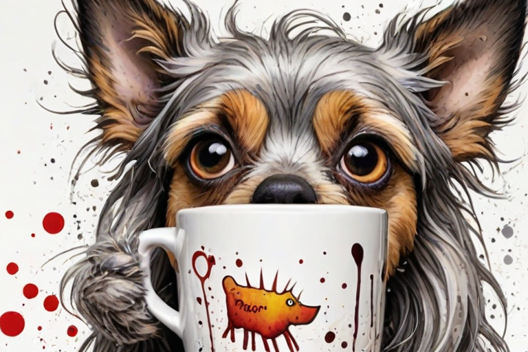 A quirky, artistic illustration of a disheveled bagle hound dog breed with exaggerated, large eyes and spiky fur, holding a coffee mug that reads "Good Morning". The dog has a tired but humorous expression, with ink splatters and abstract details surrounding it, giving a whimsical feel to the image. The color palette is mostly monochrome with hints of red in the eyes and steam rising from the mug, enhancing the overall sleepy vibe