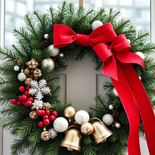Create a holiday wreath with lush green pine, white and red decorations, a bright red bow, and glimmering bells, shot with a Canon EOS R5, 50mm lens, f/1.8 aperture, ISO 100, in a soft natural light setting with a shallow depth of field.