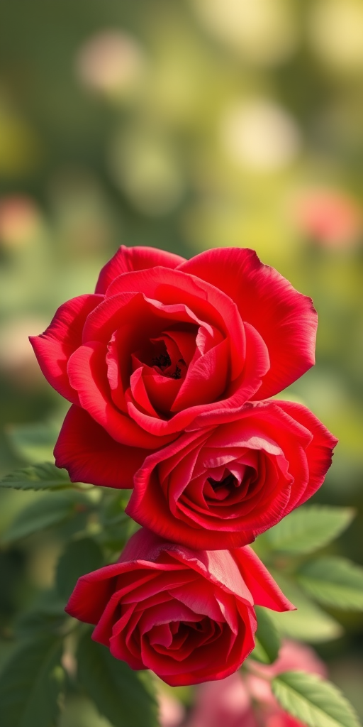 Create an illustration of three red roses with intricate details and green leaves, using a macro lens 100mm f/2.8 for sharp focus, natural lighting, and a soft background blur, digital illustration style, high resolution.