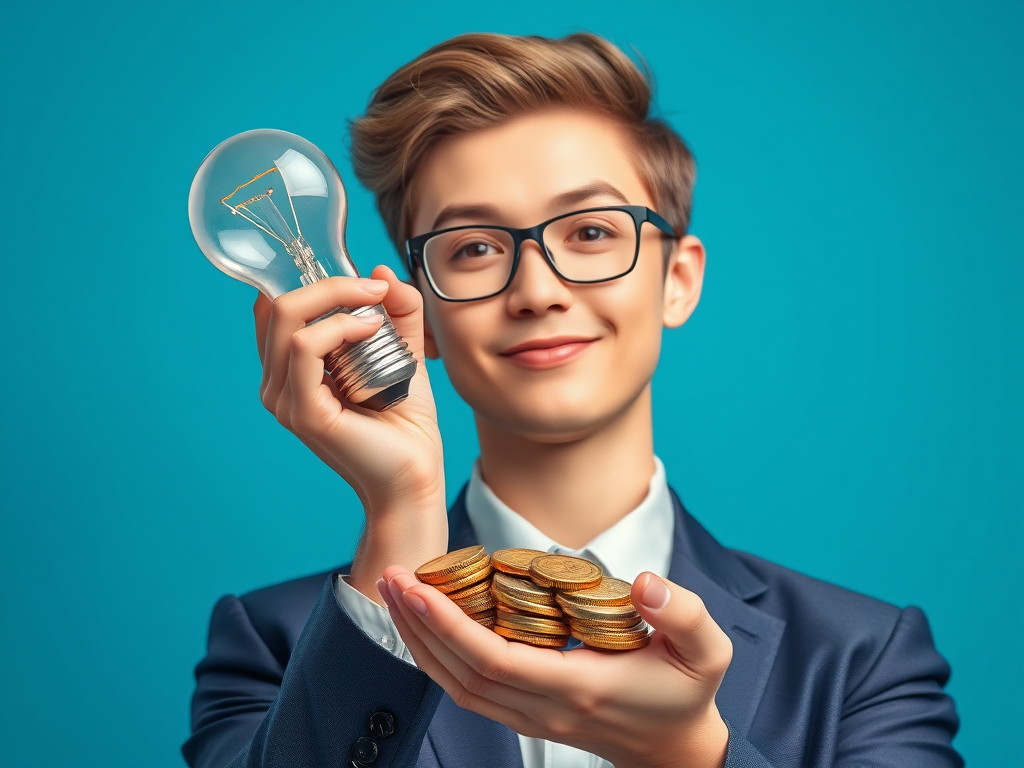 Create an illustration of a professional person holding a light bulb and coins, set against a blue background, using a Canon EOS R5 camera with a 50mm lens, aperture f/1.8, ISO 100, and in soft focus for enhanced clarity and vibrancy.
