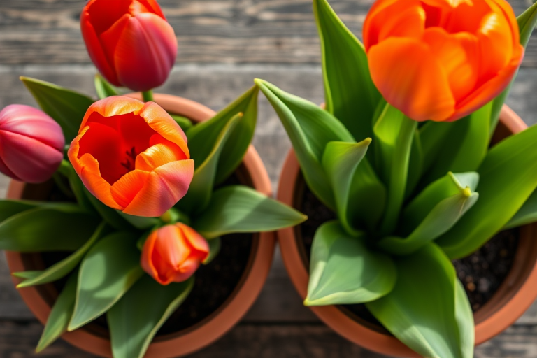 Create an image of two vibrant potted tulips with varying colors including red, orange, purple, and green leaves, using a DSLR camera with a 50mm lens, aperture f/2.8, ISO 100, and natural lighting to capture sharp details and rich colors, in a top-down view for depth.