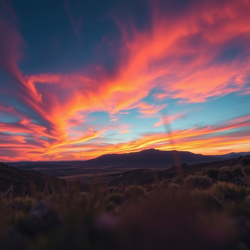 Create an image of a serene landscape at sunset with vibrant colors in the sky, using a Canon EOS R5 with a 24-70mm f/2.8 lens, aperture f/8, ISO 100, and a shutter speed of 1/125 sec, shot from a low angle to emphasize the foreground.