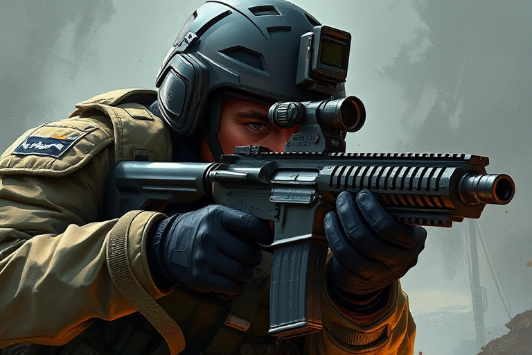Create a detailed illustration of a soldier in tactical gear aiming an assault rifle, with emphasis on realistic textures and lighting, shot from a low angle, using a DSLR camera with a 50mm lens at f/1.8, shutter speed 1/200 sec, ISO 100, in a digital painting style.