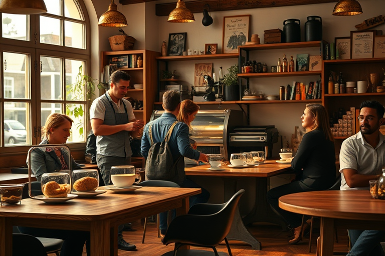 Quaint cafescene, with a barista skillfully pouring latte art, customers chatting at rustic wooden tables, and pastries displayed in a glass case, all bathed in warm, golden light.