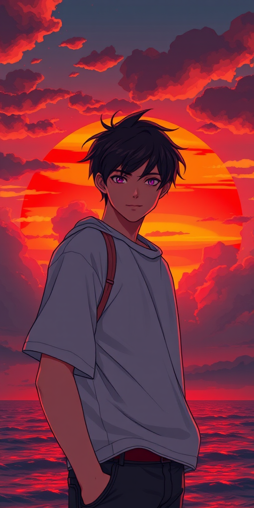 Create an illustration of a young male character with tousled hair standing confidently against a large, dramatic sunset with vibrant red and orange hues, surrounded by moody clouds above a seascape, captured using a Canon EOS R5, 50mm lens, f/1.8 aperture, ISO 100, in a high dynamic range style for enhanced detail and color saturation.