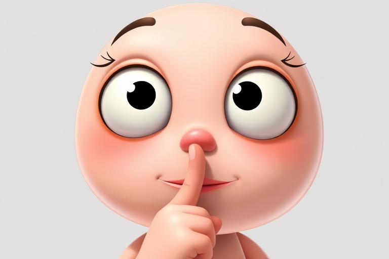 Create a digital illustration of a cartoon character with a large round head, big expressive eyes, and a finger placed on its lips in a "shushing" gesture, using a 50mm lens at f/2.8, shot from a frontal view with soft lighting to enhance facial features, in high-resolution PNG format.
