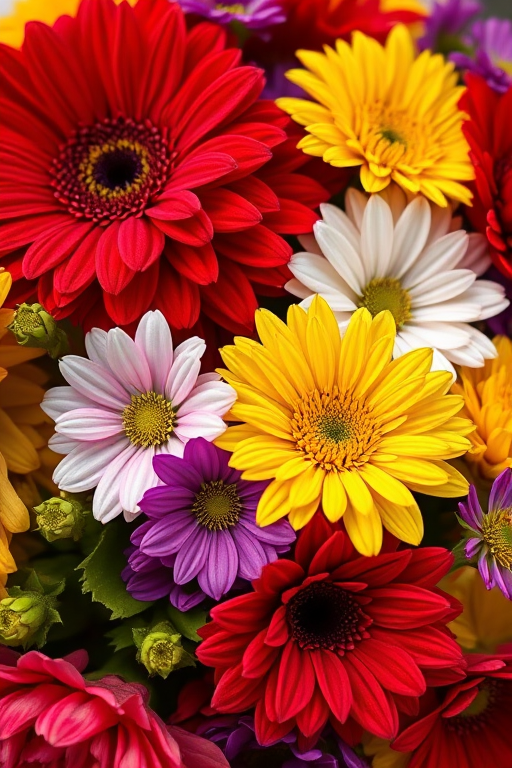 Create a vibrant close-up of a bouquet featuring red, yellow, white, and purple flowers with rich colors and detailed textures, shot with a DSLR camera at f/2.8 aperture, ISO 100, 50mm lens, in natural light to enhance clarity and depth.