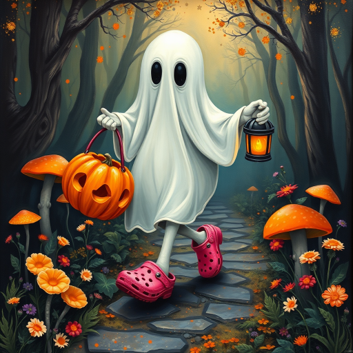 whimsical acrylic and oil painting, 3D, of a ghost, walking and carrying an orange pumpkin bucket and a lantern in the other hand, with bright pink croc shoes, background path in the enchanted forest, wildflowers, colorful mushrooms misty hues of black and orange with bright gold glitter, ultra detailed..Inspired by a prompt from another group