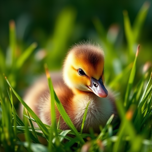 Capture a close-up photograph of a fluffy duckling nestled in lush green grass with soft natural lighting, using a DSLR camera with an aperture of f/2.8, ISO 200, and a shutter speed of 1/500 seconds, in a shallow depth of field to enhance image quality and focus on the subject.