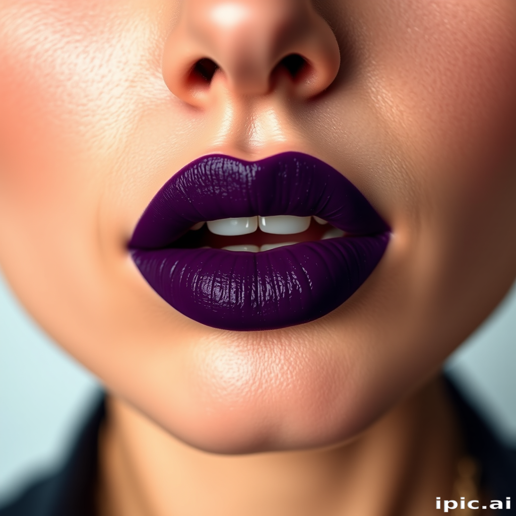 Mesmerizing woman lips showcasing a deep purple matte lipstick, bold and edgy, sharp and precisely applied, making a powerful statement