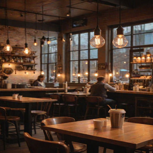 Warmly lit photo of a cozy cafeinterior at dusk, with soft light from hanging Edison bulbs casting warm shadows, wooden tables and chairs in the foreground, and a barista blurred in the background.