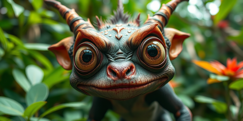 Create a highly detailed close-up of a fantastical creature with large expressive eyes and exaggerated features, set in a lush jungle environment with vibrant foliage, taken with a DSLR camera using a 50mm lens, aperture set to f/2.8 for a shallow depth of field, and ISO 200 for high image clarity, capturing natural lighting to enhance colors and details.