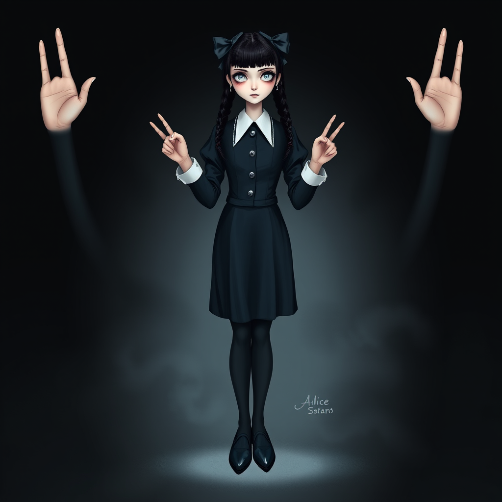 Digital art, full height portrait of Wednesday Addams, standing up with her hands in the air as if in a hold-up. Her dark, gothic attire replaces Alice’s classic blue dress, and she wears black shoes instead of blue. A small, neat black bow adorns her hair, capturing her signature style. The overall composition maintains a whimsical yet eerie tone, similar to Alice in Wonderland, while showcasing Wednesday’s iconic gothic charm.