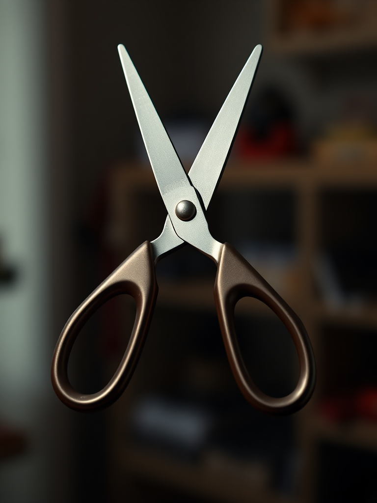 Create a high-resolution illustration of a pair of scissors, using a shallow depth of field for a blurred background, shot with a 50mm lens at f/2.8, ISO 100, and an aperture setting of 1/200s, in a studio lighting setup.