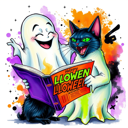Image of a ghost and a black cat laughing exaggeratedly , and reading a comic halloween comic book, alcohol ink airbrush style, funny halloween theme, white background with neon purple, neon orange, neon green splash, black sparkles stars , dazzling BG