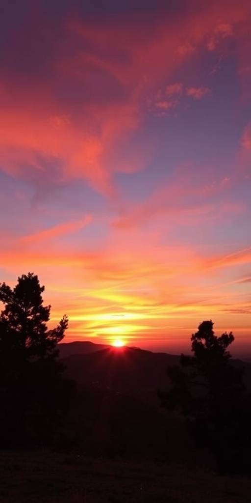A serene landscape featuring a vibrant sunset over rolling hills with silhouetted trees in the foreground, captured with a DSLR camera at f/8 aperture, 1/125s shutter speed, ISO 200, from a low angle view, using a wide-angle lens for enhanced depth and clarity.