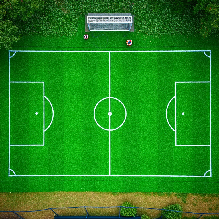create a high-resolution image of a soccer field featuring a vibrant green grass pitch with white lines, viewed from a top-down perspective, using a DSLR camera type, focal length of 24mm, aperture set to f/8, ISO 100, and a slightly elevated angle to capture the entire field in detail