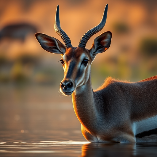 Antelope standing in calm water, detailed fur texture and serene expression, soft bokeh background, golden hour lighting, DSLR camera, 85mm lens, f/1.8 aperture, ISO 100, shutter speed 1/500 sec, shallow depth of field.