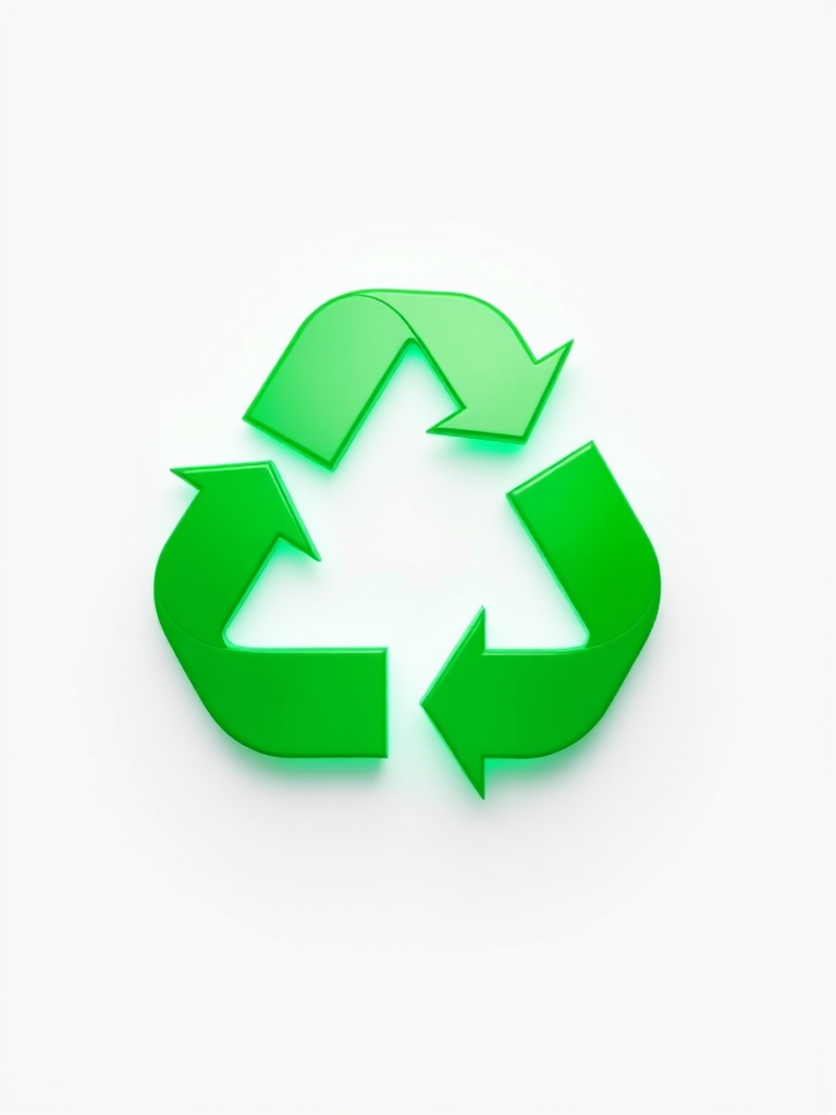 Generate a 3D rendering of a green recycling symbol on a clean white background with a Canon EOS R5 camera, 50mm lens, f/8 aperture, ISO 100, captured from a slightly elevated angle to enhance depth and detail.