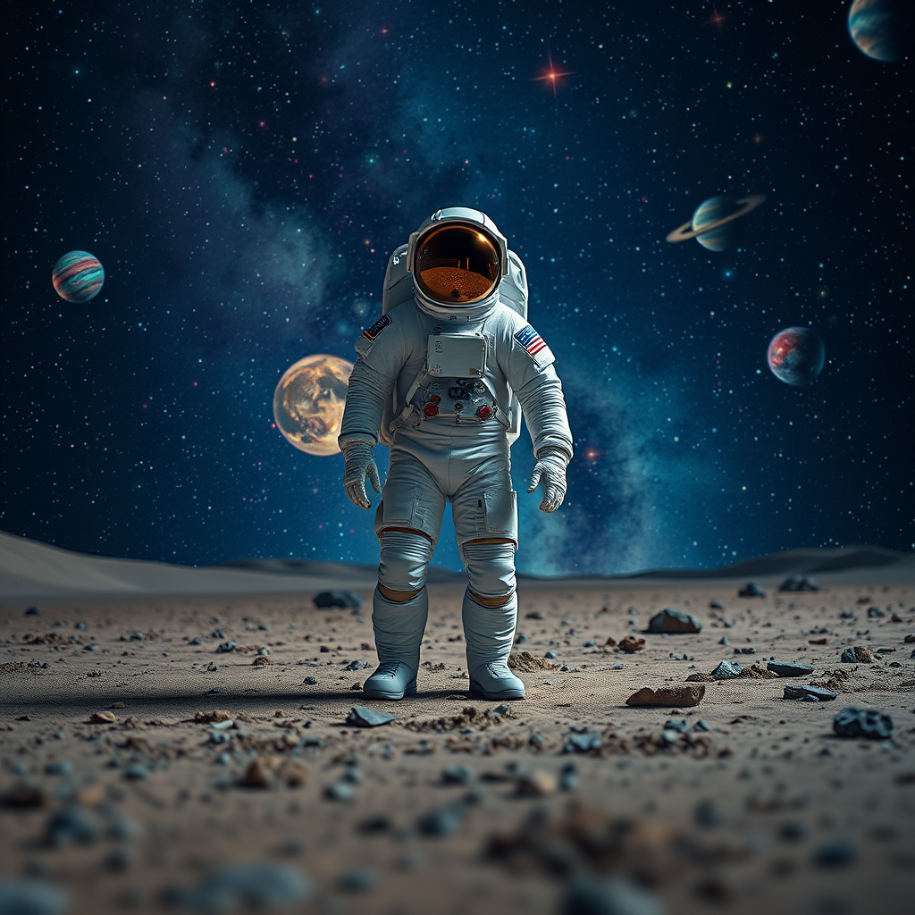 Astronaut standing on a barren planet with a vivid cosmic background filled with colorful stars and planets, use a DSLR camera with 24mm lens, f/8 aperture, ISO 100, shot from a low angle perspective for depth, high dynamic range imaging to enhance details and colors.