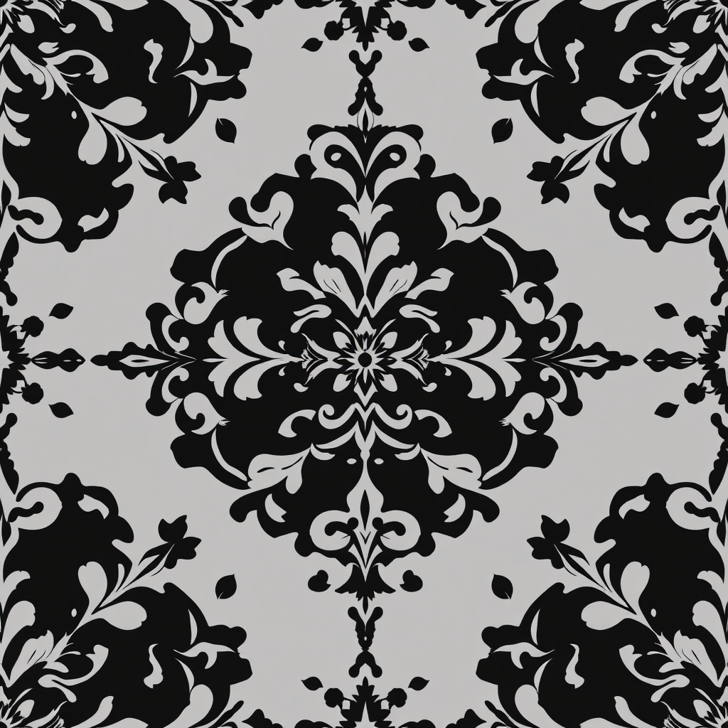 regenerate a seamless black damask pattern with intricate floral designs in high resolution, using a DSLR camera, f/8 aperture, 50mm lens, ISO 100, soft diffused lighting and a top-down view to enhance details and contrast
