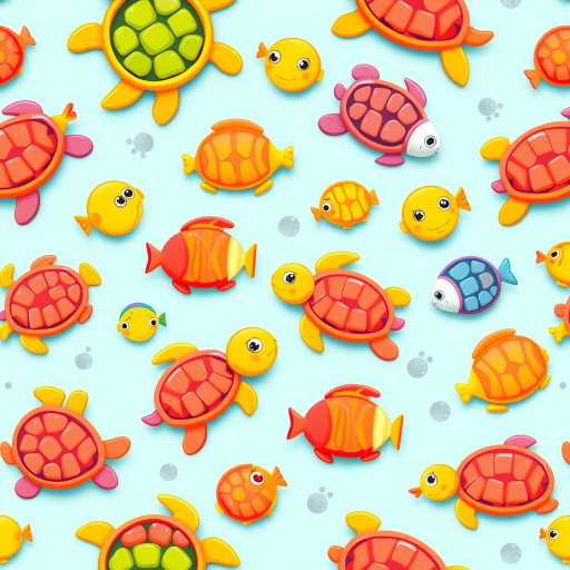 Create a seamless pattern of cute cartoon turtles and fish in vibrant colors on a light blue background, captured with a Canon EOS 5D Mark IV at f/8, ISO 100, 50mm lens, top-down view, flat lay style to enhance image clarity and detail.