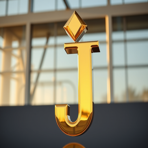 Create a high-resolution image of a large, shiny golden letter J with a diamond shape above it, using a DSLR camera, aperture f/2.8, 50mm lens, shallow depth of field, and soft natural lighting to enhance reflections and textures.
