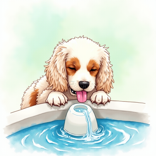 Watercolor ink illustration, A digitally created artwork of a Cocker Spaniel dog leaning on a water fountain, eyes closed, tongue out as if lapping water. The white dog has brown and cream patches, especially on its ears and face. Water splashes around it with detailed droplets. The background features a soft blue-green gradient, suggesting a sunny day. The style is realistic, focusing on the texture of fur and water for a lifelike, vibrant feel.