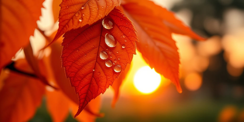 Close-up shot of vibrant orange leaves with raindrops, golden sunset in the background, 50mm lens, f/1.8 aperture, ISO 200, shallow depth of field, natural light, DSLR camera.