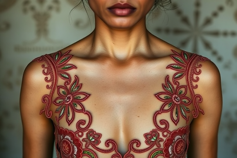 Face, shoulders, chest covered in openwork Cambodian embroidery. Raw, unedited image.
