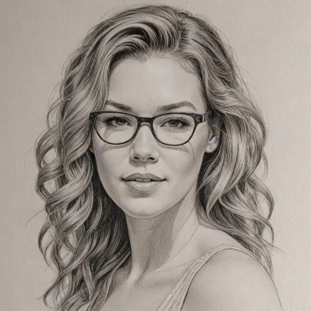 Captivating Joss Stone, pencil sketch, portrait of Superb woman 1961s in glasses, hair style beatnik, outline, clear lines, fine lines, 8k