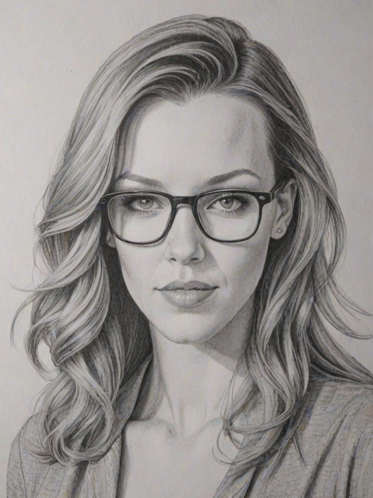 Lovely Katie Cassidy, pencil sketch, portrait of Pleasing woman 1975s in glasses, hair style beatnik, outline, clear lines, fine lines, 8k