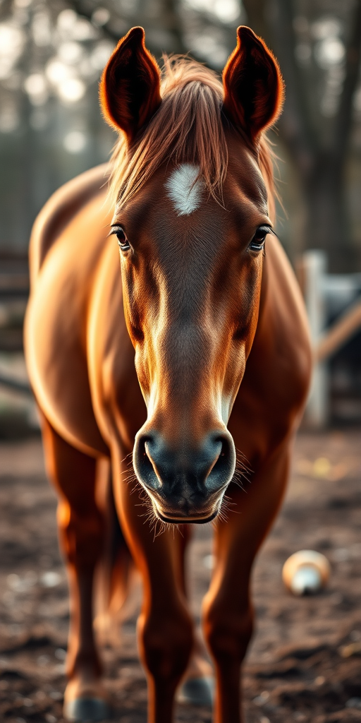 create a detailed and realistic image of a brown horse standing in a natural setting with soft lighting, use a DSLR camera, 50mm lens, f/2.8 aperture, ISO 100, shot from a slightly low angle to emphasize the horse's stature, focus on capturing the texture of the horse's coat and the natural environment around it.