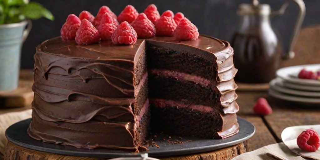 Create an image of a decadent chocolate layer cake with rich chocolate frosting, featuring layers of raspberry filling. The cake should be garnished with fresh raspberries and a sprig of mint on top, and the slice should be displayed on a rustic wooden table with a soft, blurred background.
