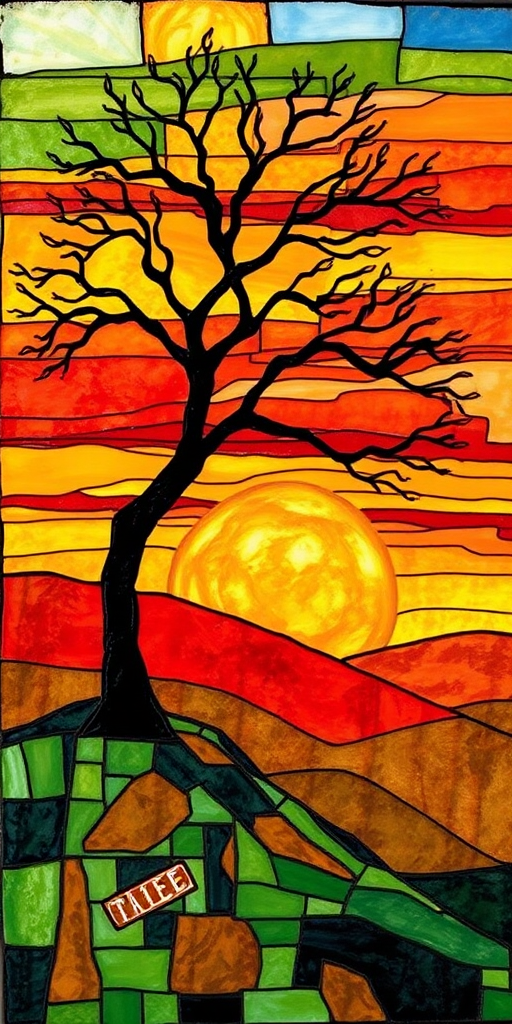 A vibrant abstract painting on Tiffany Glass, blending acrylic and alcohol ink techniques, captures a dramatic sunset over rolling hills. The artwork features a textured, rocky foreground in green and brown, layered abstract hills, and a striking sunset in rich oranges, yellows, and reds. A solitary black tree with intricate branches contrasts against the fiery sky, creating a dynamic and expressive portrayal of a breathtaking natural scene.