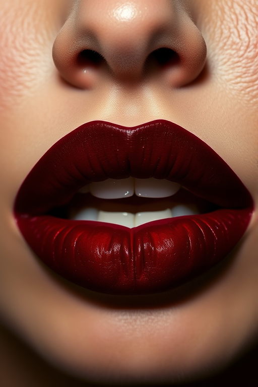 Deep burgundy velvet lips with a rich, velvety texture, featuring sharp, defined edges and a dramatic, sultry appearance for evening glamour