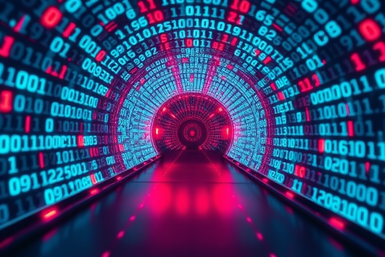 Create a 3D digital tunnel of glowing binary code with a deep perspective, using a 24mm lens, f/2.8 aperture, ISO 100, shot from a low angle, with a futuristic cyberpunk style to enhance vibrancy and depth.