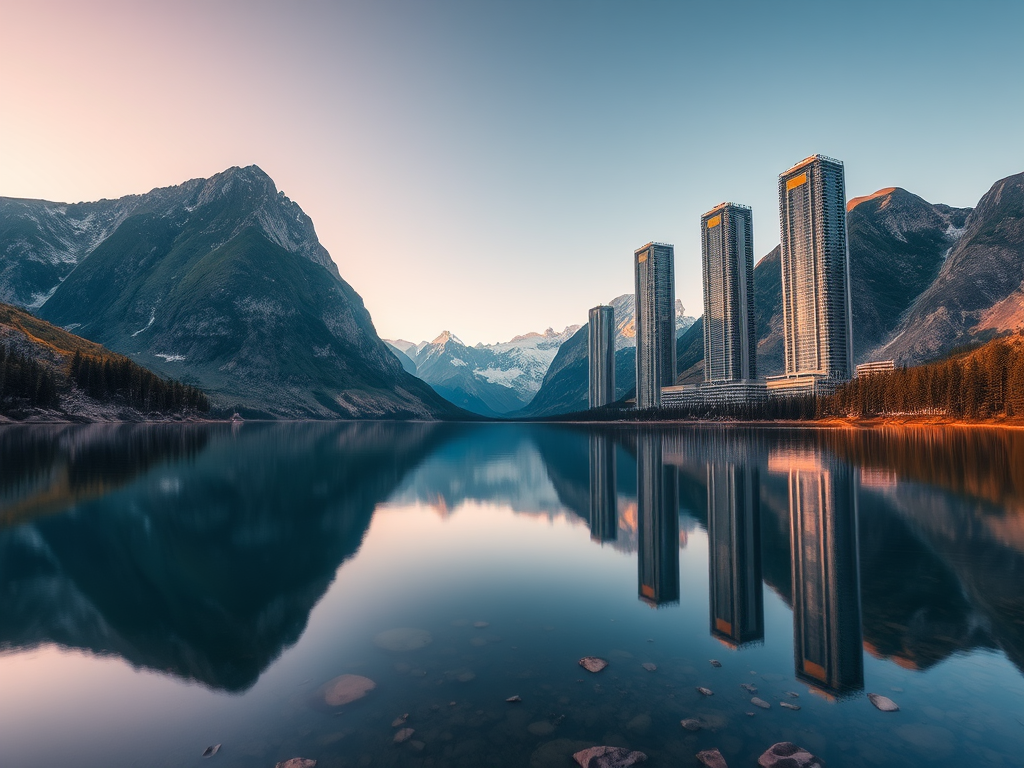 create a serene landscape depicting a tranquil lake surrounded by tall, majestic mountains and futuristic skyscrapers reflecting in the water at sunrise, using a Canon EOS R5 with a 24-70mm f/2.8 lens, f/8 aperture, ISO 100, shot from a low angle view for depth and clarity, long exposure to smooth out water reflections, focusing on vibrant colors and soft lighting.