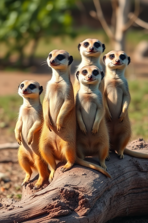 A group of meerkats standing and sitting on a log in a natural setting during daylight, captured with a DSLR camera at f/8 aperture, ISO 200, 1/500 sec shutter speed, with a 50mm lens, shallow depth of field, natural lighting, and a wide-angle perspective to enhance the scene.