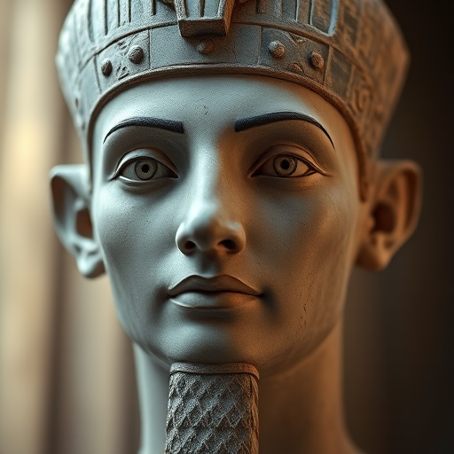 Regenerate a detailed 3D render of an ancient Egyptian bust, emphasizing facial features and textures, shot with a DSLR camera at f/8 aperture, ISO 100, 50mm lens, with soft diffused lighting and a slight vignette effect for depth.