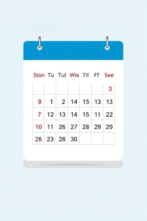 Create a high-resolution illustration of a calendar with a blue header on a transparent background, using a DSLR camera with a 50mm lens, f/8 aperture, ISO 100, and shot in natural light to enhance clarity and detail.