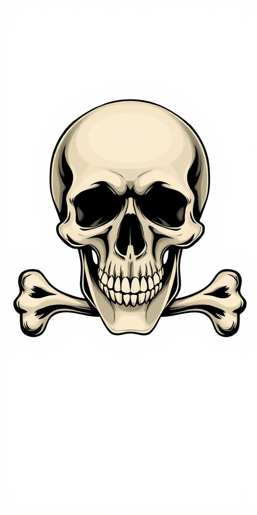 Create a high-resolution illustration of a pirate skull with crossed bones, captured using a DSLR camera at f/4 aperture, ISO 100, with a 50mm lens, from a straight-on view, using studio lighting for clarity and detail enhancement.