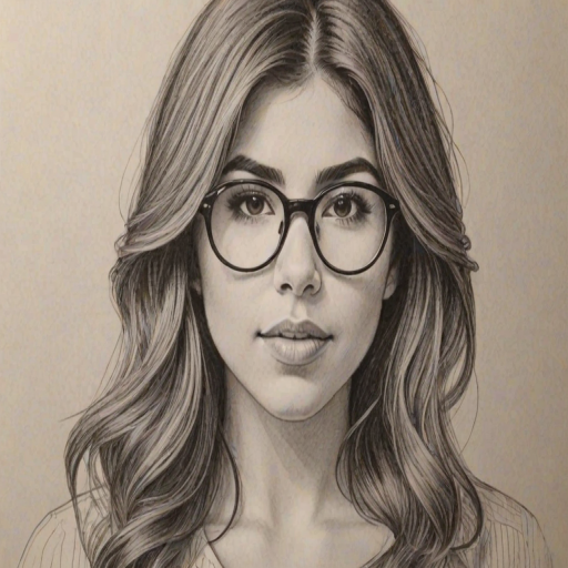 Enchanting Daniella Monet, pencil sketch, portrait of Appealing woman 1977s in glasses, hair style beatnik, outline, clear lines, fine lines, 8k