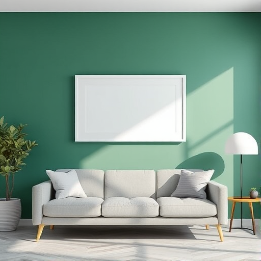 modern interior design with a minimalist couch and a blank picture frame on a green accent wall, natural light, soft focus, 50mm lens, f/2.8 aperture, ISO 200, DSLR camera, wide-angle view