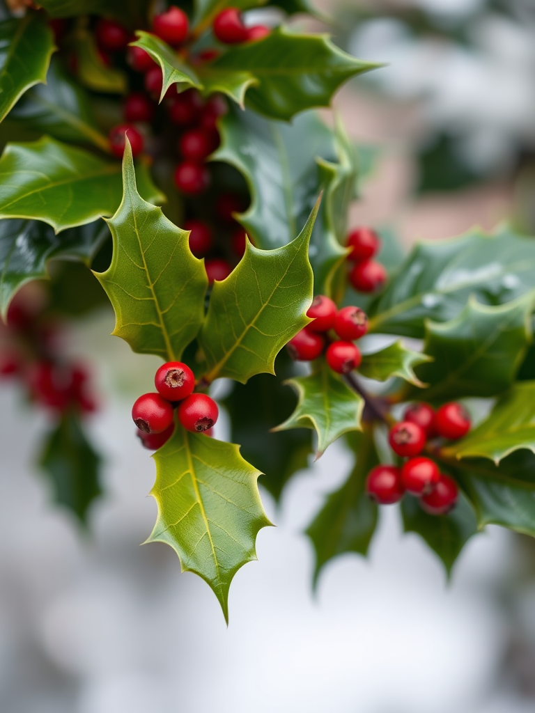 Generate a high-resolution image of a holly plant with bright green leaves and red berries, using a macro lens at f/2.8, 1/200s exposure, ISO 100, with soft lighting and a blurred background for depth.