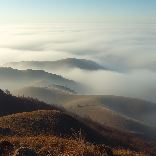 Capture a misty landscape with rolling hills and dense fog using a DSLR camera at f/8, 1/200s, ISO 100 with a wide-angle lens, shot from a high vantage point to emphasize depth and layers in the scenery.