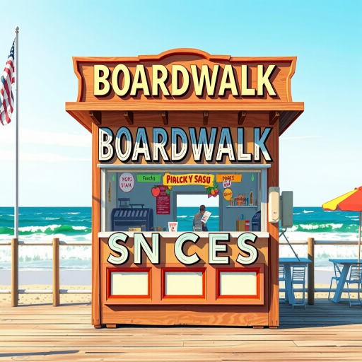 Create a vibrant illustration of a vintage snack stand with a wooden frame, featuring ornate stylized lettering that reads "BOARDWALK SNACKS," in a seaside setting, using a DSLR camera with a 50mm lens, aperture set to f/1.8, ISO 100, with a shallow depth of field and warm sunlight casting soft shadows.