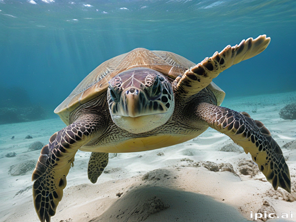 Graceful Sea Turtle Swimming Through Crystal Clear Ocean Waters Below