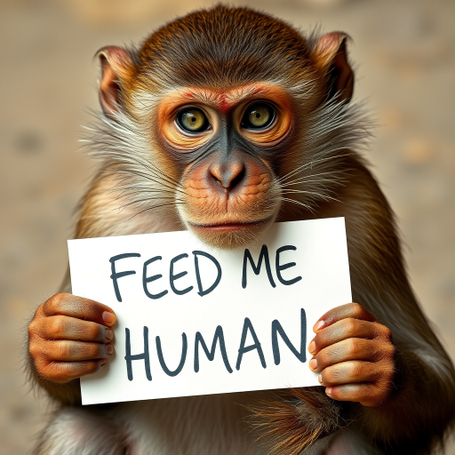 monkey holding a note which says "FEED ME HUMAN"