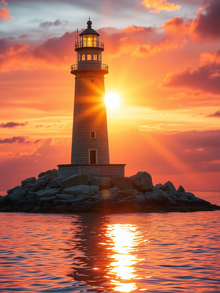 Generate an image of a tall lighthouse perched on a rocky outcrop surrounded by calm ocean waters during a breathtaking sunset. The lighthouse stands sturdy and weathered, its stone surface illuminated by the warm golden light of the setting sun. The sun's rays pass directly through the glass lantern room at the top of the lighthouse, casting a brilliant light across the scene. The sky is painted with vibrant shades of orange, pink, and purple, reflecting off the tranquil sea. The surrounding water shimmers with the same warm hues, creating a serene and majestic atmosphere.